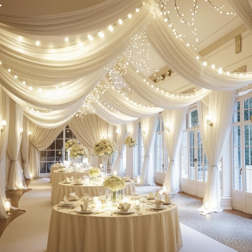 Ivory Ceiling Drapes with Ligh - đánh giá và giá Wedding Backdrop Curtain