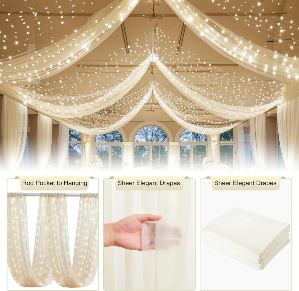 Ivory Ceiling Drapes with Ligh - đánh giá và giá Wedding Backdrop Curtain